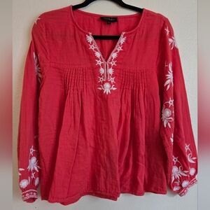 RD + Koko Long Sleeve Peasant V Neck Red Embroidered Top Size Small